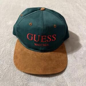 Vintage GUESS Watches Hat Green Brown Suede Bill Snapback 90s USA